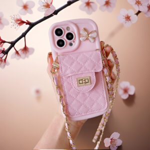 เคสโทรศัพท์ กระเป๋าสตางค์ผีเสื้อการ์ตูนกระเป๋าสะพายข้างสีชมพู