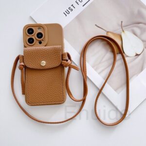 เคสโทรศัพท์มือถือหนัง PU พร้อมสายสะพาย และช่องใส่บัตร หรูหรา สีน้ำตาล