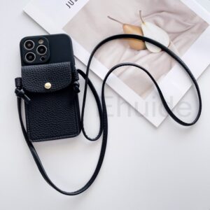 เคสโทรศัพท์มือถือหนัง PU พร้อมสายสะพาย และช่องใส่บัตร หรูหรา สีดำ
