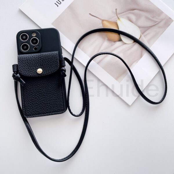 เคสโทรศัพท์มือถือหนัง PU พร้อมสายสะพาย และช่องใส่บัตร หรูหรา สีดำ