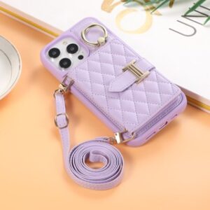 เคส iPhone พร้อมคลิปการ์ด เคสโทรศัพท์เปลือกหนัง เคสโทรศัพท์มือถือหนัง พร้อมสายคล้อง และช่องใส่บัตร สีม่วง