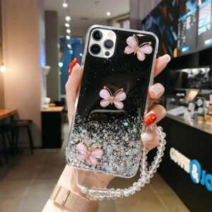 เคสโทรศัพท์ หรูหราผีเสือพรอมสายรัดขอมือนุมกันกระแทกปกหลัง สีดำ